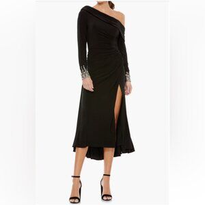 NWT Mac One-Shoulder Long Sleeve Black Chiffon Embellished Midi Dress Sz 10